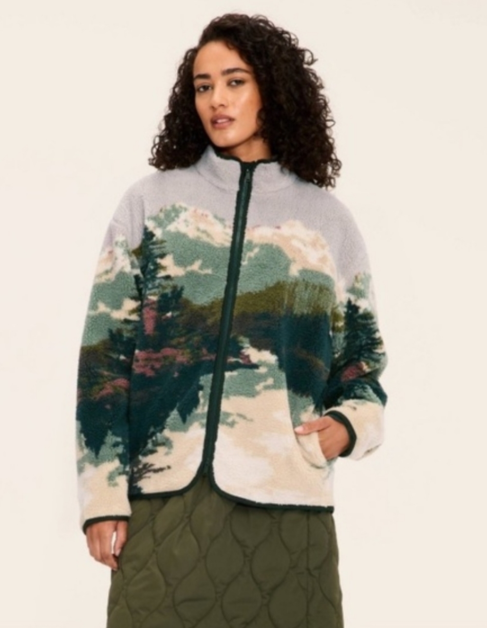Woolrich Target Collab Scenic Sherpa Zip Jacket in Green and Cream